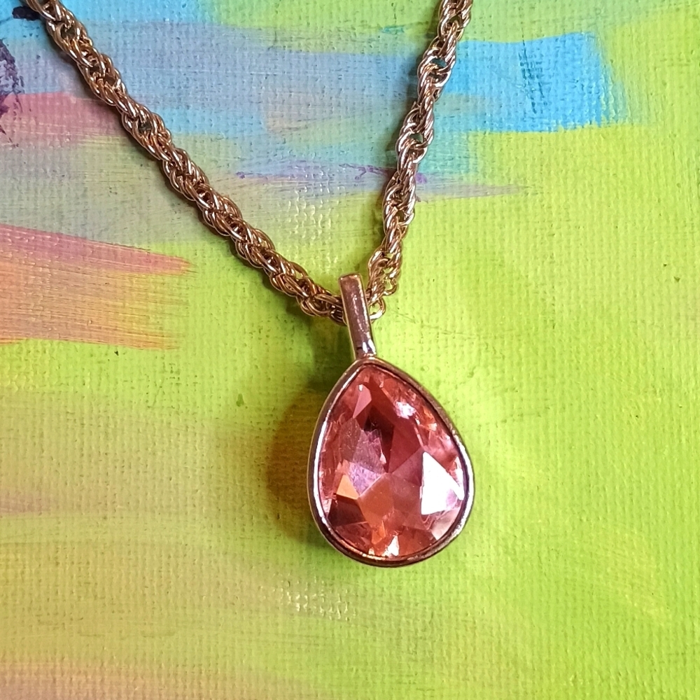 Pink Teardrop rhinestone long necklace large pendant